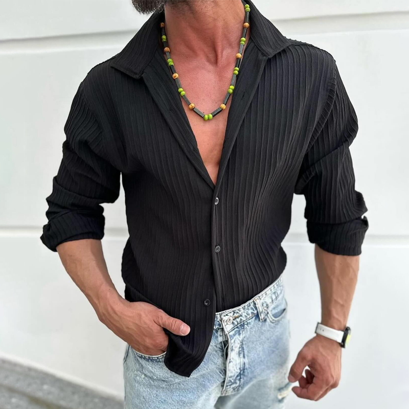 【24-hour shipping out】Men's Solid Striped Lapel Long Sleeve Casual Shirt 22113270Z