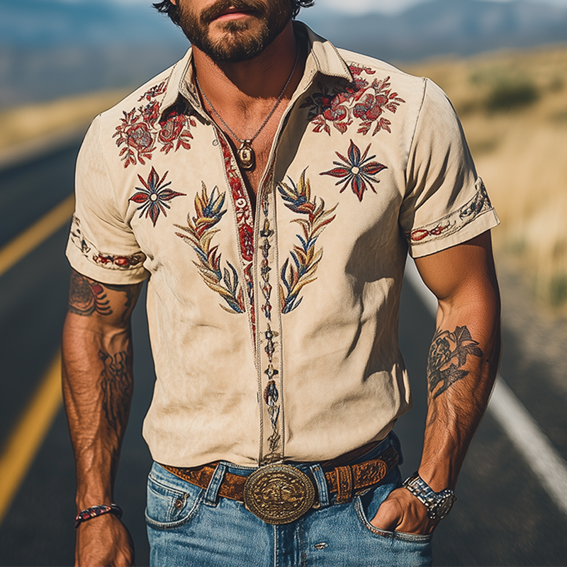 【24-hour shipping out】Men's Spring/Summer Fashion Retro Western Style Suede Embroidered Short Sleeve Shirt MTA1533D2K