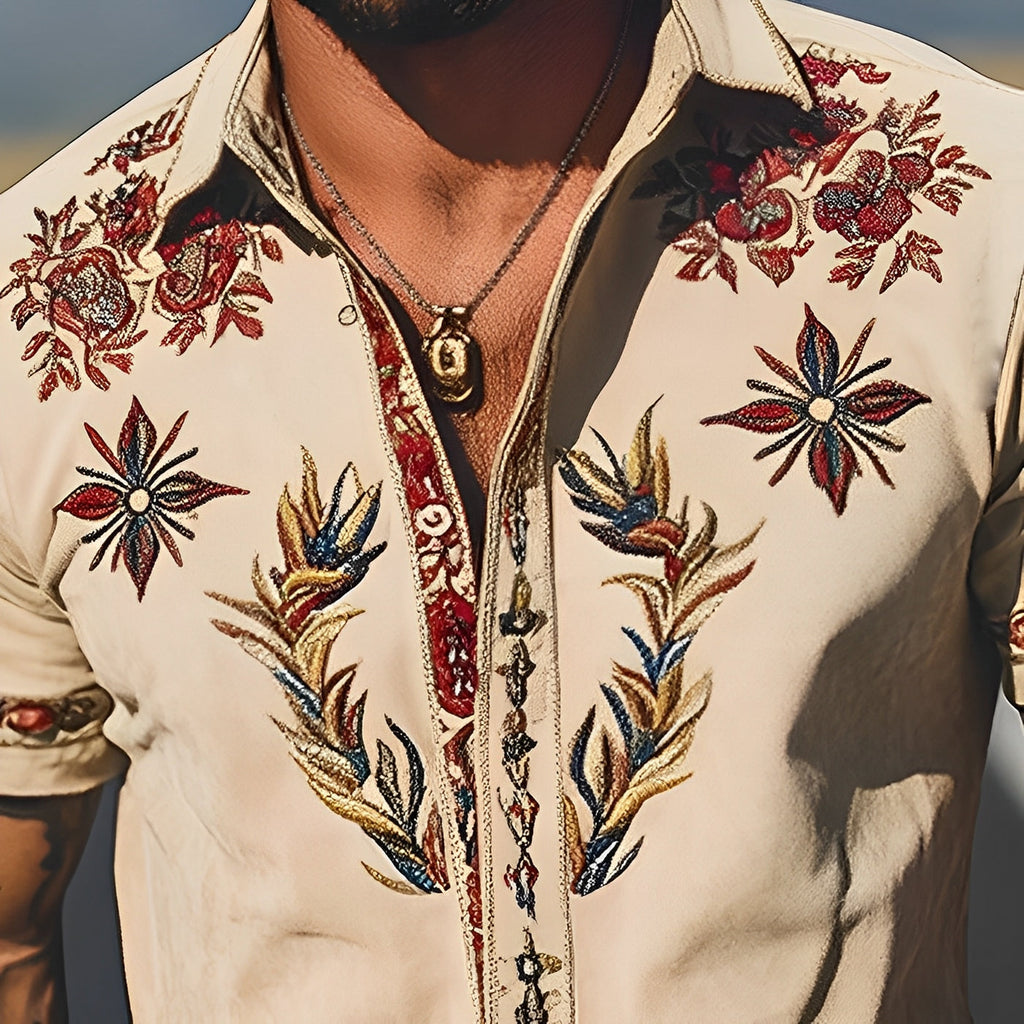 【24-hour shipping out】Men's Spring/Summer Fashion Retro Western Style Suede Embroidered Short Sleeve Shirt MTA1533D2K