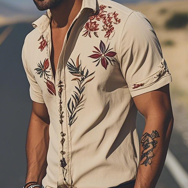 【24-hour shipping out】Men's Spring/Summer Fashion Retro Western Style Suede Embroidered Short Sleeve Shirt MTA1533D2K