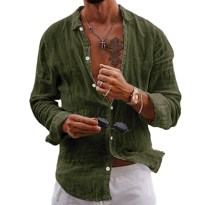 【24-hour shipping out】Men's Casual Solid Color Lapel Cotton Linen Long-Sleeved Shirt 76098441M