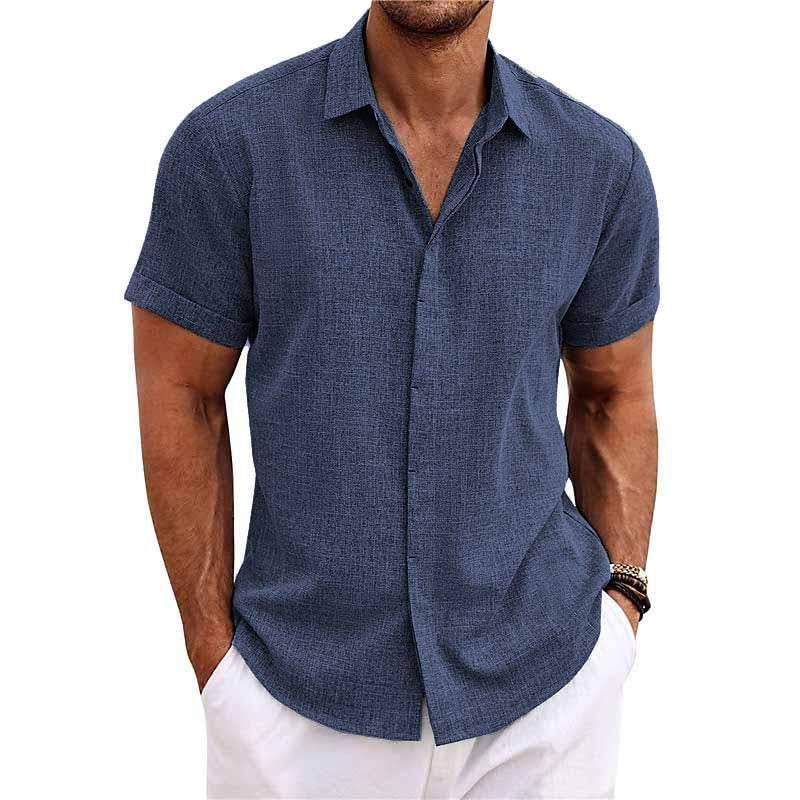 【24-hour shipping out】Men's Solid Color Lapel Cotton Linen Short Sleeve Shirt 82339241X