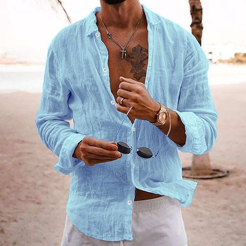 【24-hour shipping out】Men's Casual Solid Color Lapel Cotton Linen Long-Sleeved Shirt 76098441M
