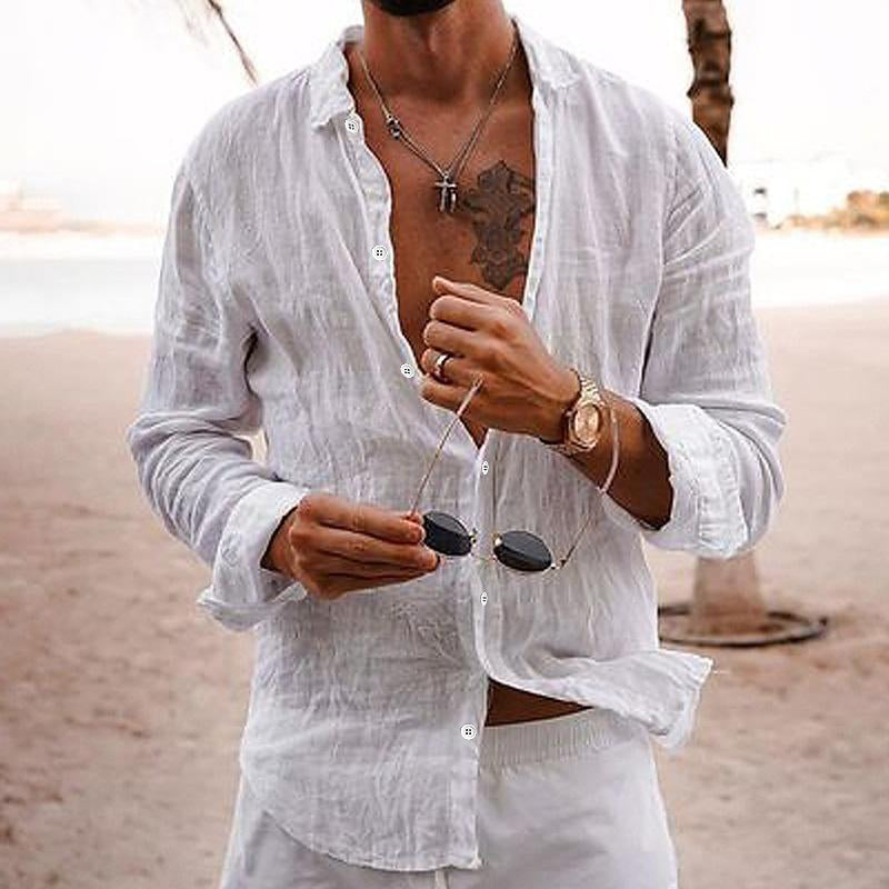 【24-hour shipping out】Men's Casual Solid Color Lapel Cotton Linen Long-Sleeved Shirt 76098441M