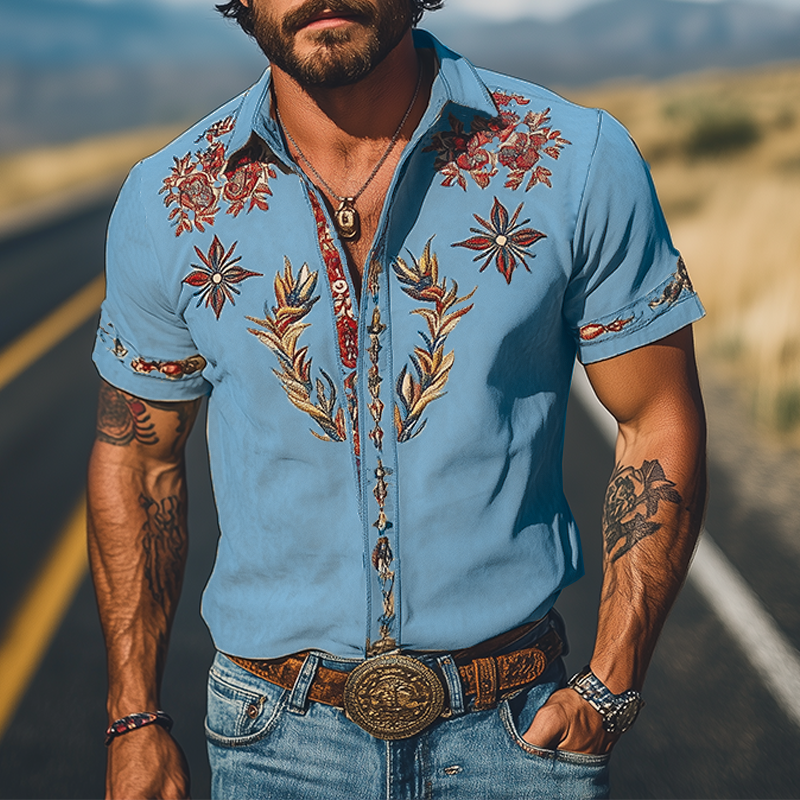 【24-hour shipping out】Men's Spring/Summer Fashion Retro Western Style Suede Embroidered Short Sleeve Shirt MTA1533D2K