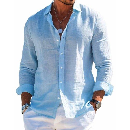 【24-hour shipping out】Men's Cotton and Linen Casual Solid Color Lapel Shirt 31793795X