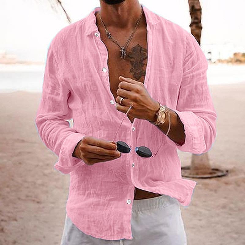 【24-hour shipping out】Men's Casual Solid Color Lapel Cotton Linen Long-Sleeved Shirt 76098441M