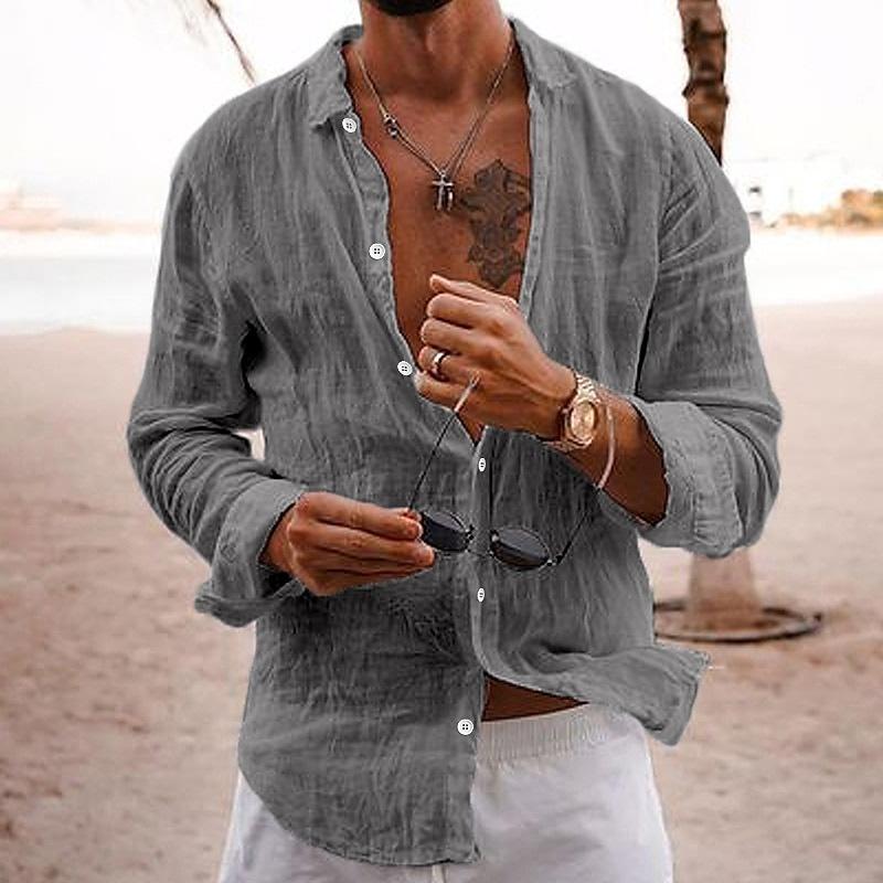 【24-hour shipping out】Men's Casual Solid Color Lapel Cotton Linen Long-Sleeved Shirt 76098441M