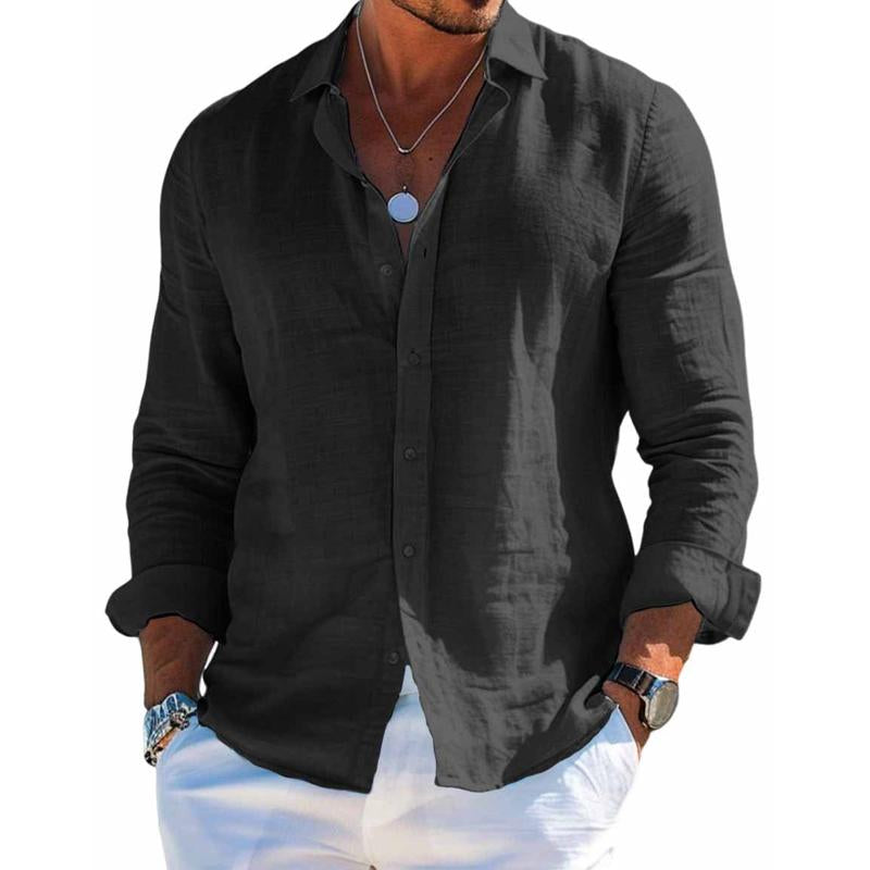 【24-hour shipping out】Men's Cotton and Linen Casual Solid Color Lapel Shirt 31793795X