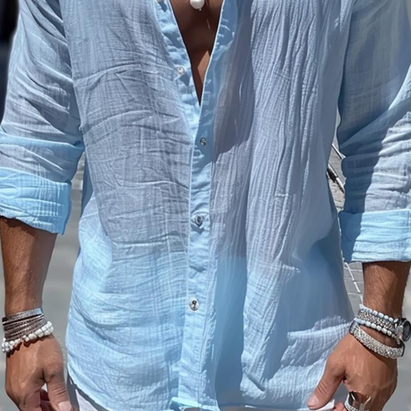 Men's Cotton and Linen Casual Solid Color Long-sleeved Shirt 56362161X