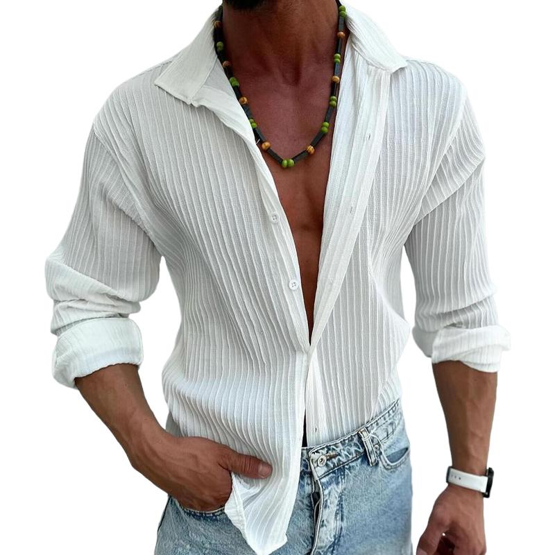 【24-hour shipping out】Men's Solid Striped Lapel Long Sleeve Casual Shirt 22113270Z