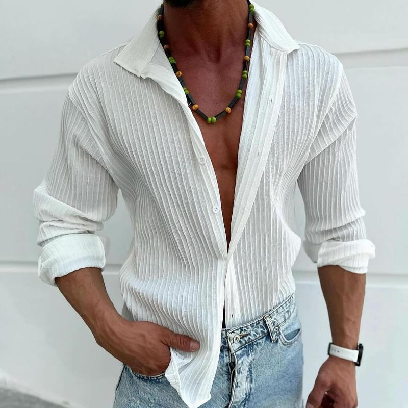 【24-hour shipping out】Men's Solid Striped Lapel Long Sleeve Casual Shirt 22113270Z