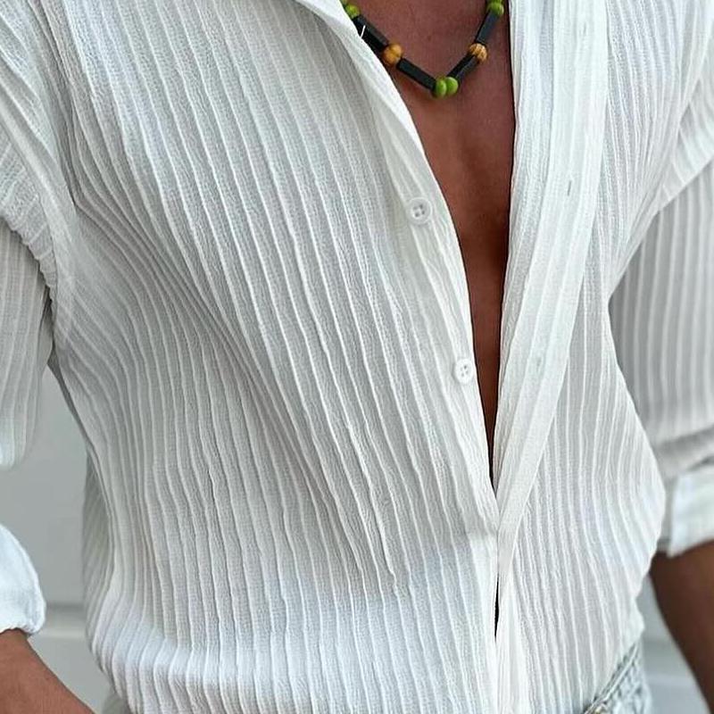 【24-hour shipping out】Men's Solid Striped Lapel Long Sleeve Casual Shirt 22113270Z