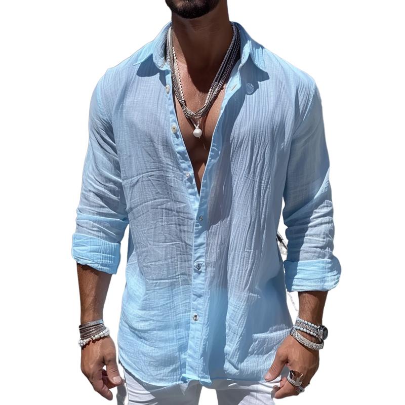 Men's Cotton and Linen Casual Solid Color Long-sleeved Shirt 56362161X
