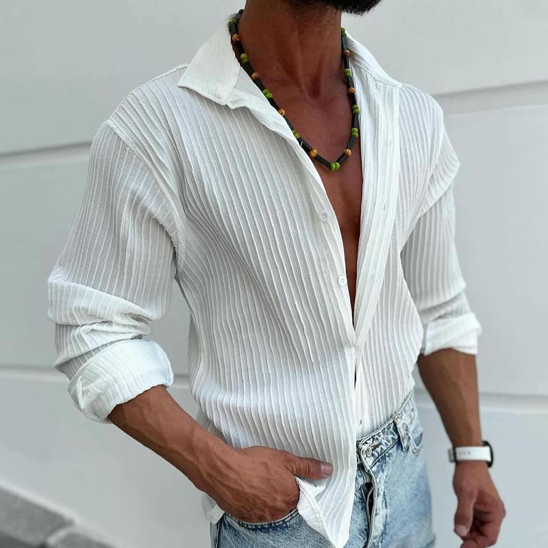 【24-hour shipping out】Men's Solid Striped Lapel Long Sleeve Casual Shirt 22113270Z